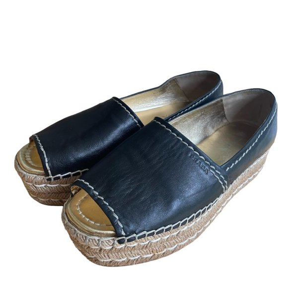 Prada Peep Toe Black Leather Espadrilles   Size 8.5 /Euro Size 39 - Picture 1 of 11
